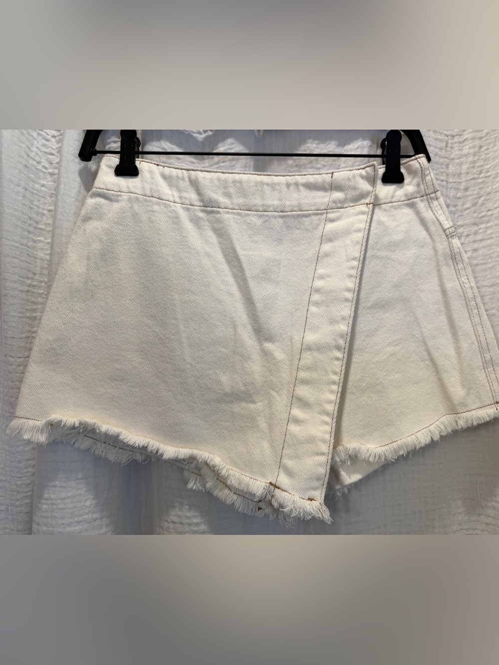 Miou Muse Cream Asymmetrical Denim Wrap Skort Frayed Raw Hem Small S
